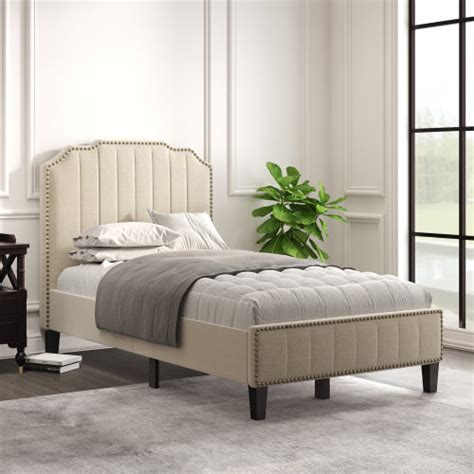 Modern Linen Curved Upholstered Platform Bed Solid Wood Frame