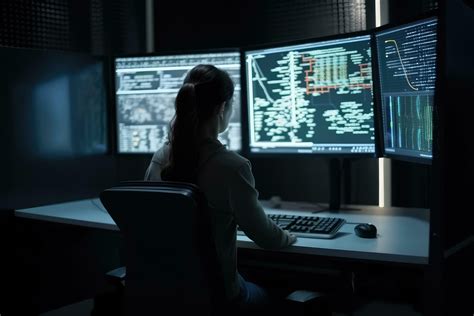 Side View Of Young Female Programmer Working On Computer At Night In