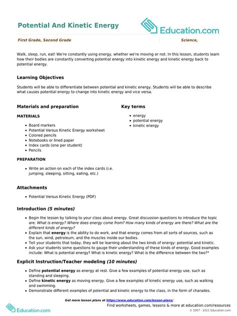 Potential And Kinetic Energy Learning Objectives Pdf Kinetic Energy Lesson Plan