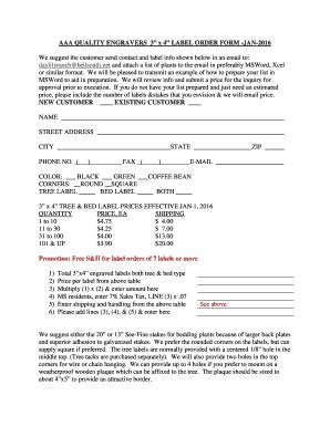 Fillable Online AAA QUALITY ENGRAVERS 3 X 4 LABEL ORDER FORM Fax Email