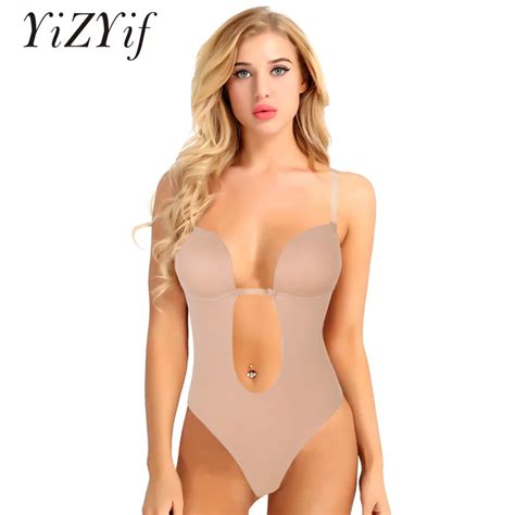 Yizyif Women Body Shaper Shapewear Bodysuit Underwire Padded Push Up Bra Top Plunging V Neck