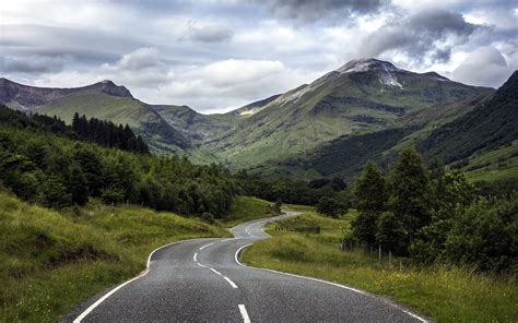 Nature Landscape Hill Road Grass Mountain Trees Forest Clouds