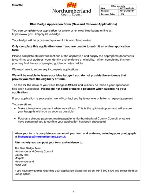 Fillable Online Blue Badge Application Form New And Renewal Fax