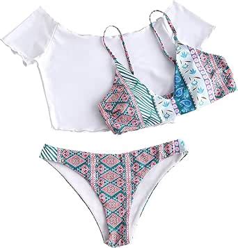 Amazon ZAFUL Women S Solid Spaghetti Strap Bralette Bikini Set Two Piece Swimsuit Light