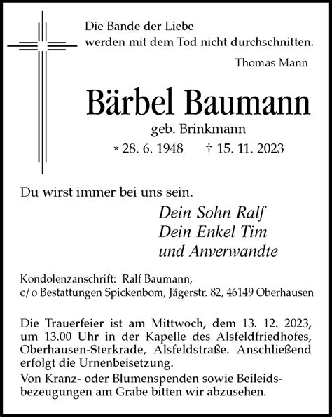 Traueranzeigen von Bärbel Baumann Trauer in NRW de