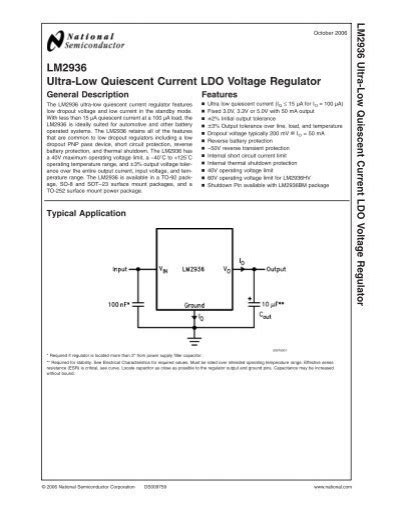 LM2936 Ultra Low Quiescent Current LDO Voltage Regulator