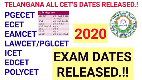 TS ECET EAMCET PGECET LAWCET ICET EDCET POLYCET 2020 EXAM DATES