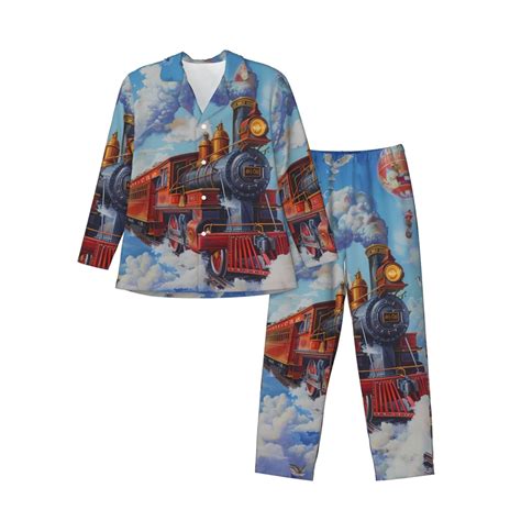 Hirioo Cartoon Train Hot Air Balloon For Men S Pajama Sets Piece Pjs Men S Long Sleeved Pajama