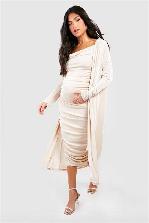 Maternity Strappy Cowl Neck Dress And Duster Coat Boohoo Uk