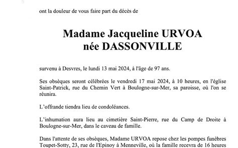 Madame Jacqueline URVOA Pompes Funèbres Toupet Sotty