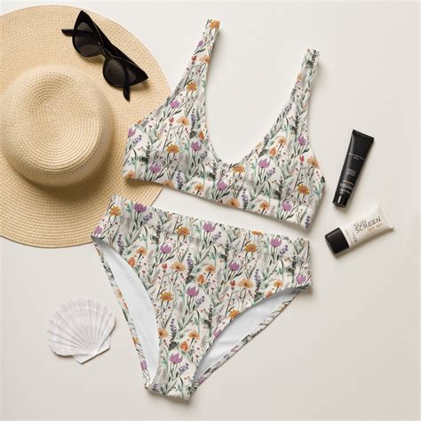 White Floral High Waisted Bikini Set Padded Double Layered Comfortable Chic Flirty
