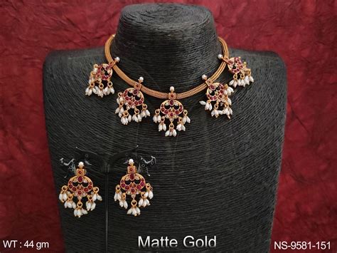 Matte Gold Polish Designer Party Wear Antique Necklace Set Necklace