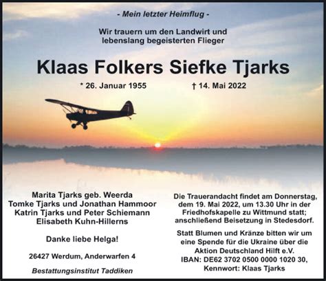 Traueranzeigen Von Klaas Folkers Siefke Tjarks Nordwest Trauer De