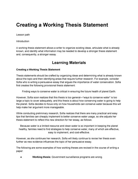 Creating A Working Thesis Statement Learning Materials Creating A