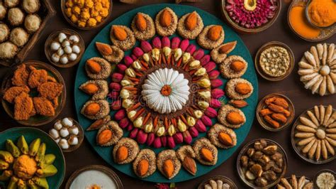 Assorted Indian Sweets And Snacks Arranged In A Festive Display Stock