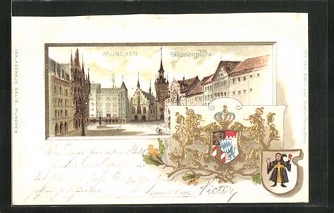 Passepartout Lithographie M Nchen Marienplatz Mit Kirche Wappen