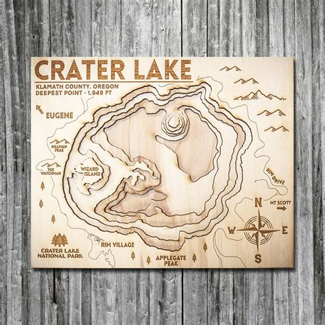 Crater Lake Wood Map Framed 3d Topographic Wood Chart 16 X 20