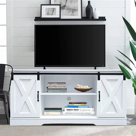 Royalcraft Sliding Wood Barn Door Tv Stand With Storage Cabinet Doors