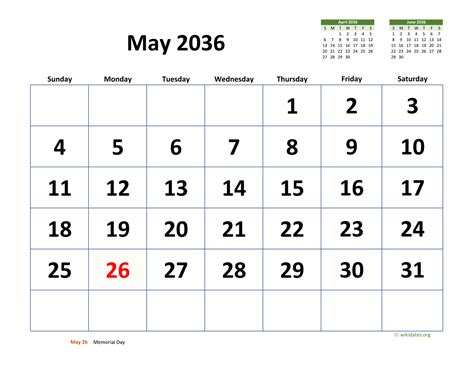 May 2036 Calendar With Extra Large Dates