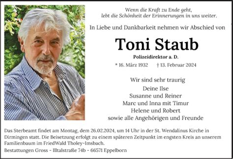 Traueranzeigen Von Toni Staub Saarbruecker Zeitung Trauer De