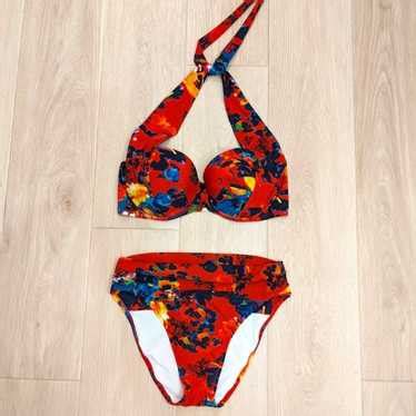 Pain De Sucre French Red Floral Bikini Set D Top M Gem