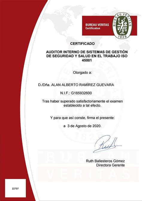 Certificado De Auditor Interno En SG De Seguridad ISO 45001 Por Bureau