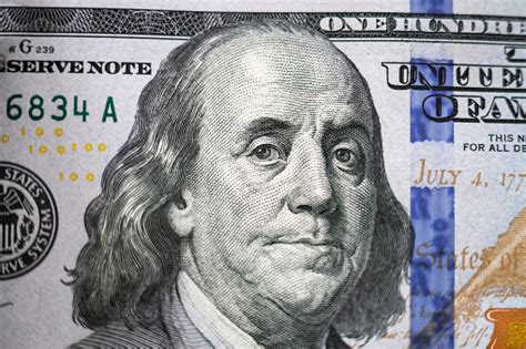 Benjamin Franklin Portrait On 100 Dollar Banknote Closeup Stock Photo ...