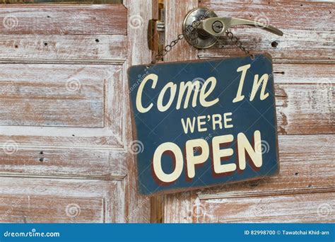Come In We`re Open On The Wooden Door Retro Style Stock Photo Image