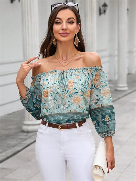 Shein Vcay Floral Print Off Shoulder Knot Front Blouse Shein Uk