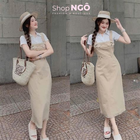 Set yếm váy nữ đi chơi áo polo trắng croptop phối yếm kaki nude midi dài suông xẻ tà sau style
