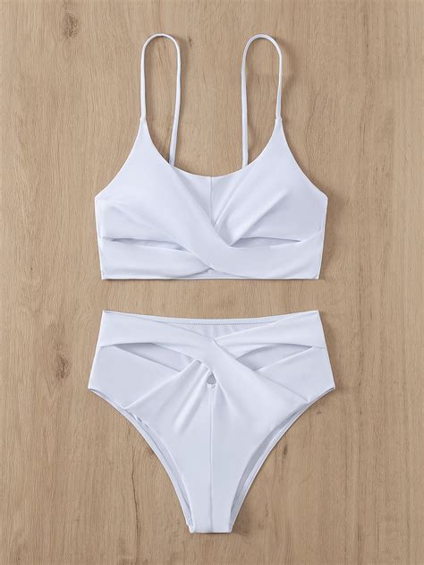 Solid Color Swimsuit High Waist Sexy Bikini Cross Split Two Piece
