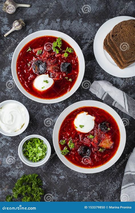 Traditional Borscht With Prunes And Sour Cream Stock Photo Image Of