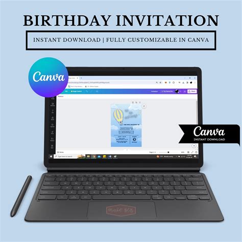 Editable Birthday Invitation Sky Blue Hot Air Balloon Theme Invitation