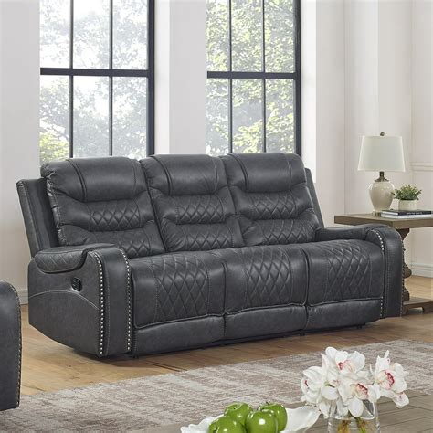 Klens Faux Leather Reclining Sofa With Nailhead Trim And Usb Port Gray