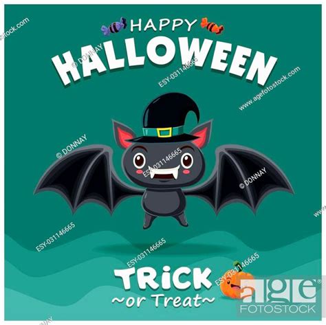 Vintage Halloween Poster Design With Vector Bat Character Stock Vector