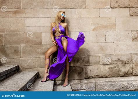 High Fashion Look Glamour Stylish Model In Elegant Bikini And High Heels Is Walking In The City