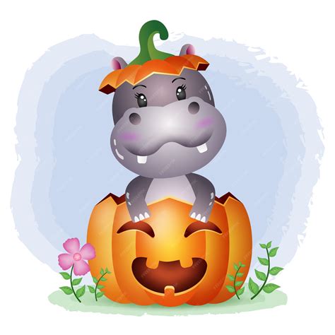 Premium Vector A Cute Hippo In The Halloween Pumpkin