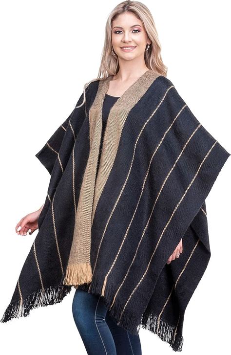 Inti Alpaca Womens Ruana Poncho In Black And Beige Wool Alpaca Wrap