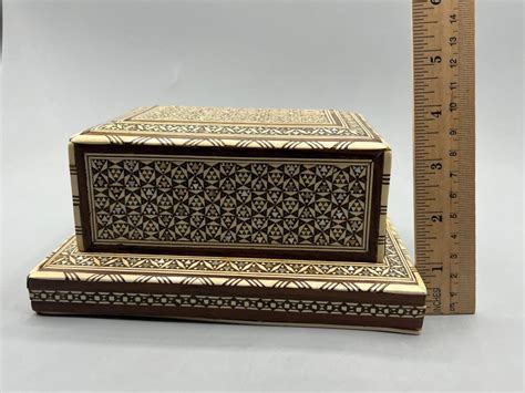 Antique Handmade Wood Cigarette Box Carved Inlaid Mother Of Pearl Art