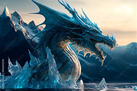 Ice Dragon head in frozen lands Fantasy art. Generative AI Stock ...