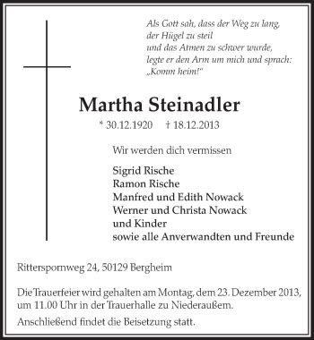 Traueranzeigen Von Martha Steinadler WirTrauern