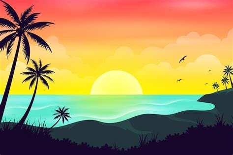 Premium Vector Ocean Landscape In Sunset Or Sunrise With Beautiful