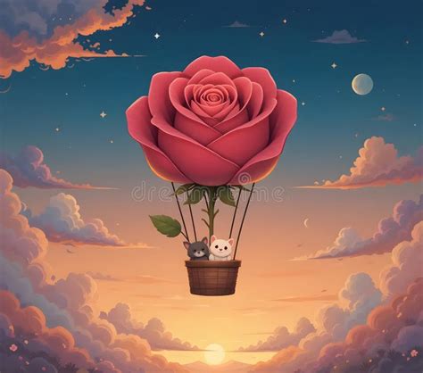 Giant Rose Hot Air Balloon Adventure Two Adorable Kittens Soar Through Sunset Skies Stock