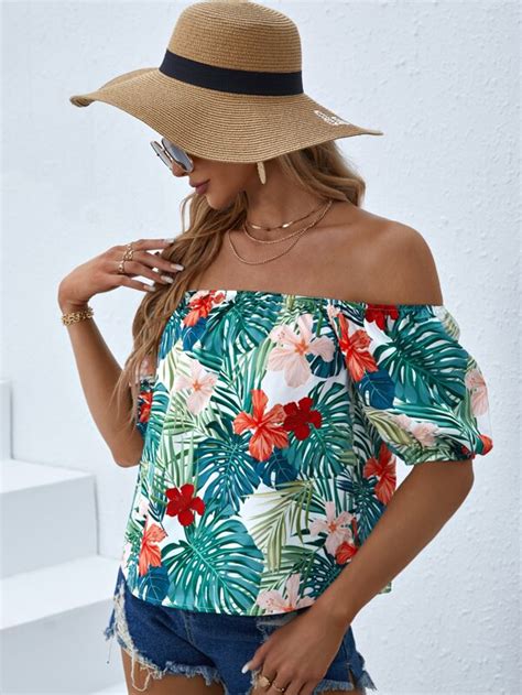 Shein Vcay Tropical Print Off Shoulder Puff Sleeve Beach Blouse Shein Uk