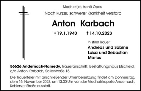 Traueranzeigen Von Anton Karbach Rz Trauer De