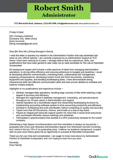 Administrator Cover Letter Examples QwikResume