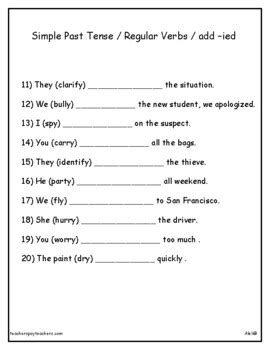 Past Tense Regular Verbs Add Ied By Aleli Tpt