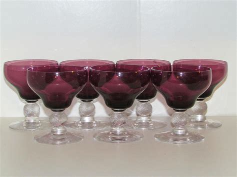 7 Vintage Fry Amethyst Glass Goblets W Clear Twisted Ball Stems 1731432577