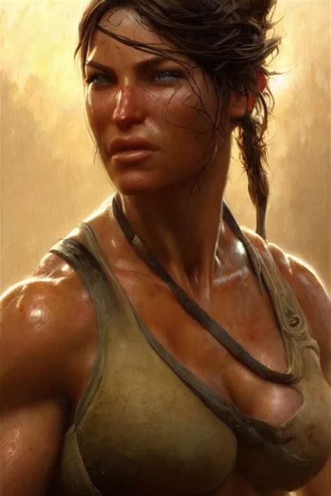 Muscular Sweat Lara Croft Face Close Up Highly Stable Diffusion