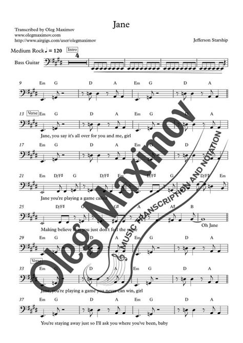 Jefferson Starship - Jane Bass Transcription Sheet Music